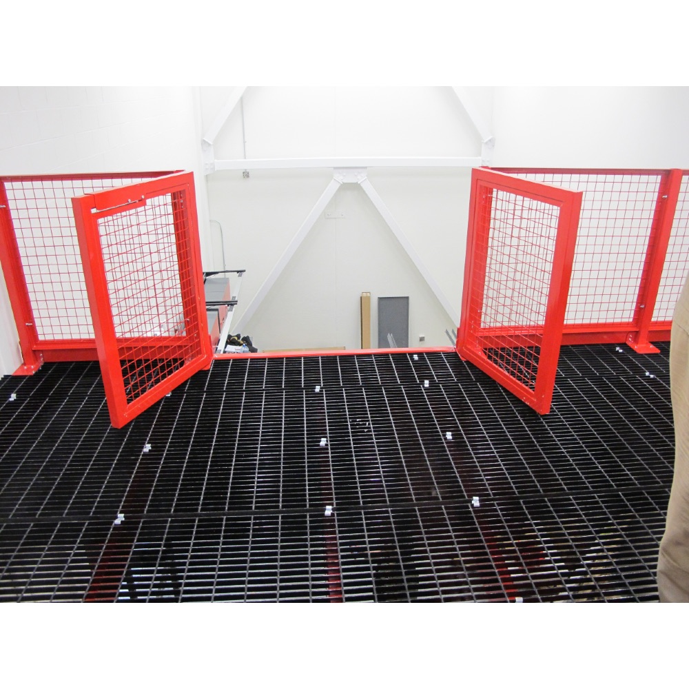 Red Handrail Double Swing Gate with doors open.